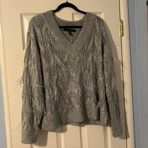 White House Black Market Gray Feathered Sequin V-Neck Sweater